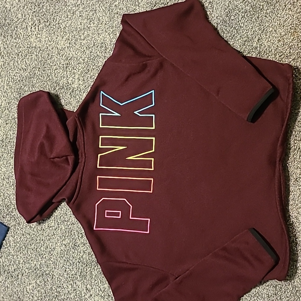 PINK Victoria's Secret Maroon Crop Sweatshirt with Rainbow Logo